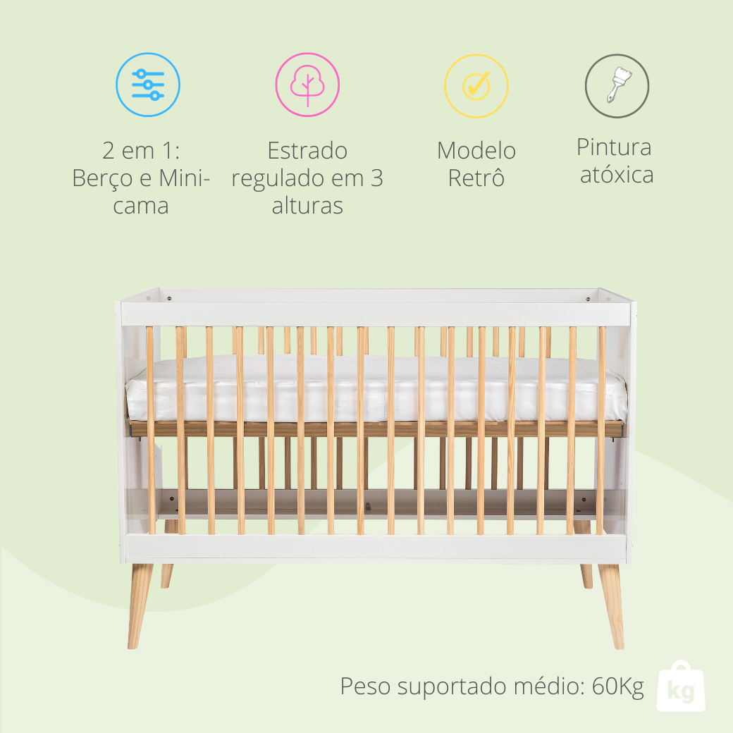 Berço Americano de Bebê 2 em 1 Linha Retrô Branco com Carvalho