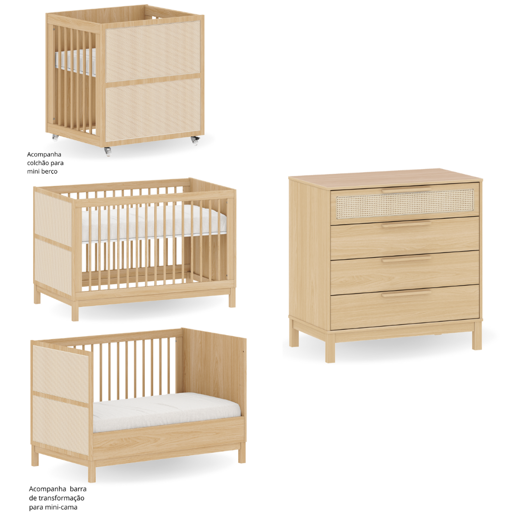 Berço Evolutivo e Cômoda 4 gavetas com Palinha Linha Indy