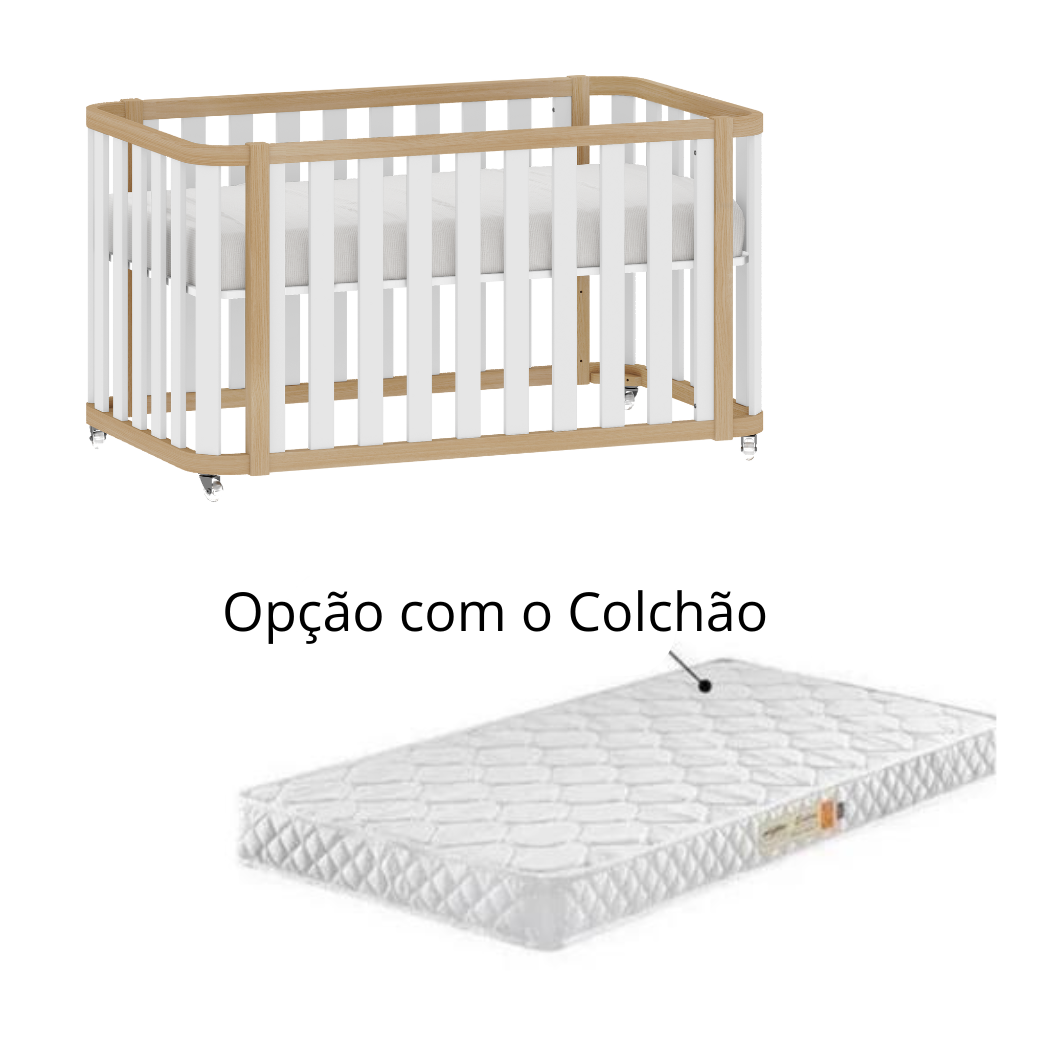 Berço Americano 2 em 1 Loop Branco com Carvalho Malva com Rodinhas