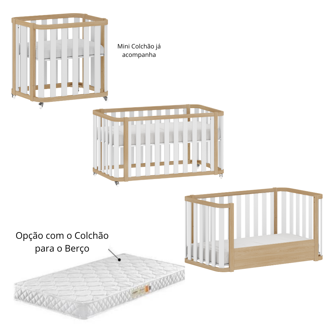 Berço 3 em 1 Evolutivo Linha Loop Branco com Madeira