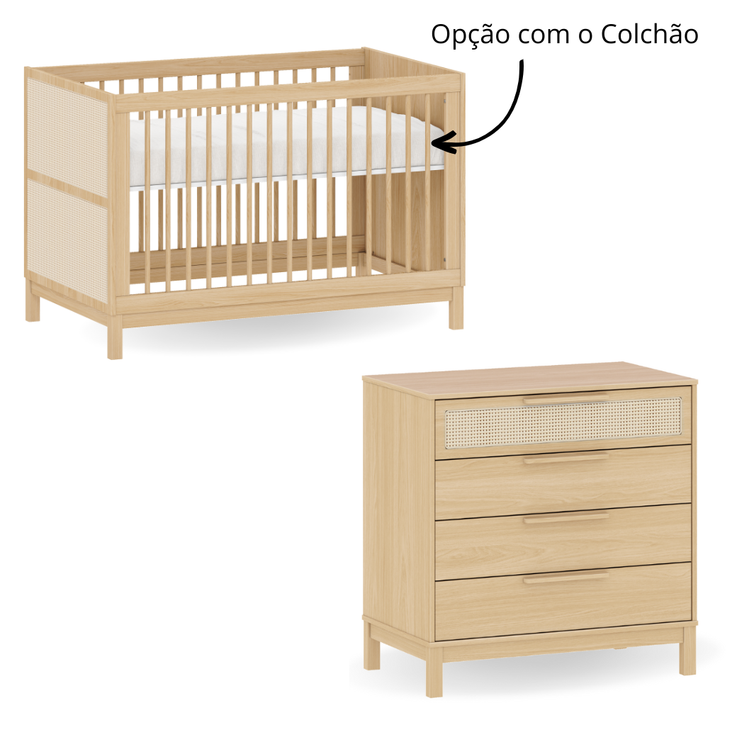 Berço 2 em 1 e Cômoda 4 gavetas com Palinha Linha Indy