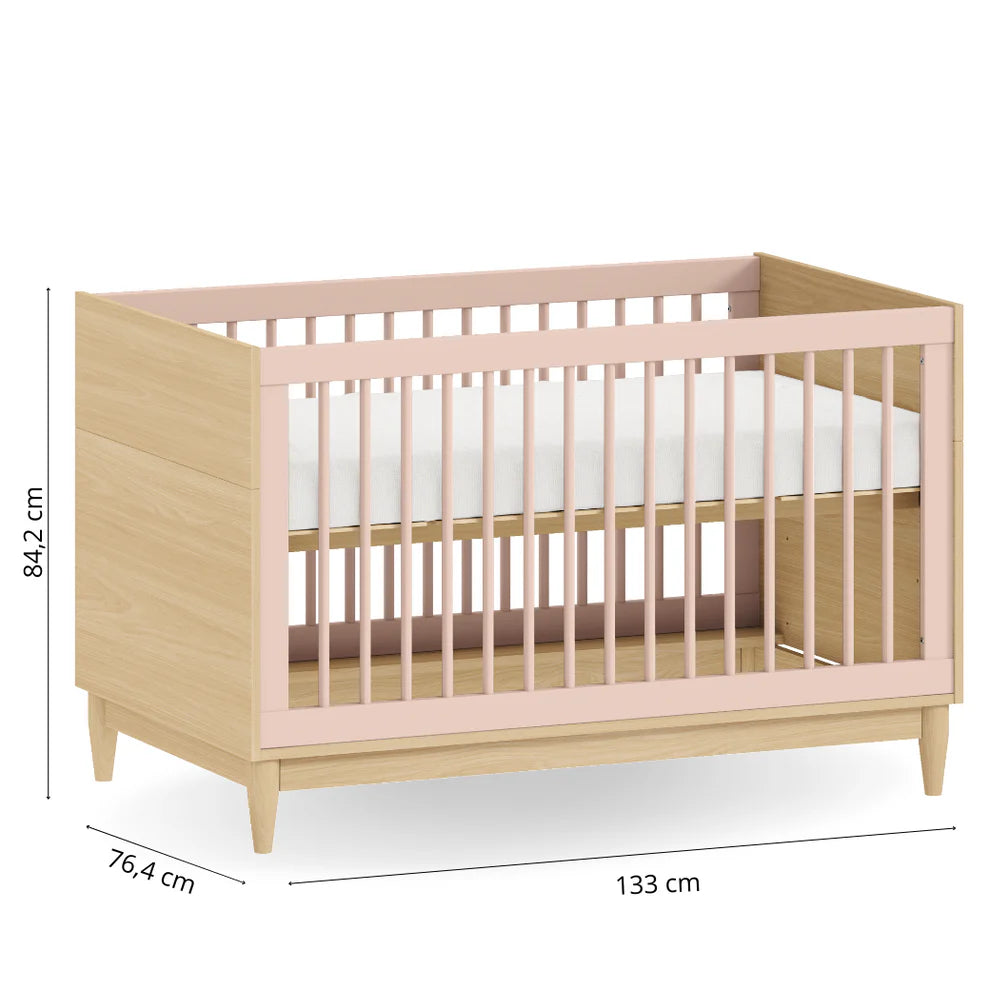 Conjunto Quarto de Bebê Tomi – Berço Americano e Cômoda 3 Gavetas em MDF Rosa com Carvalho Malva