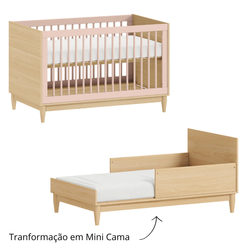 Conjunto Quarto de Bebê Tomi – Berço Americano e Cômoda 3 Gavetas em MDF Rosa com Carvalho Malva