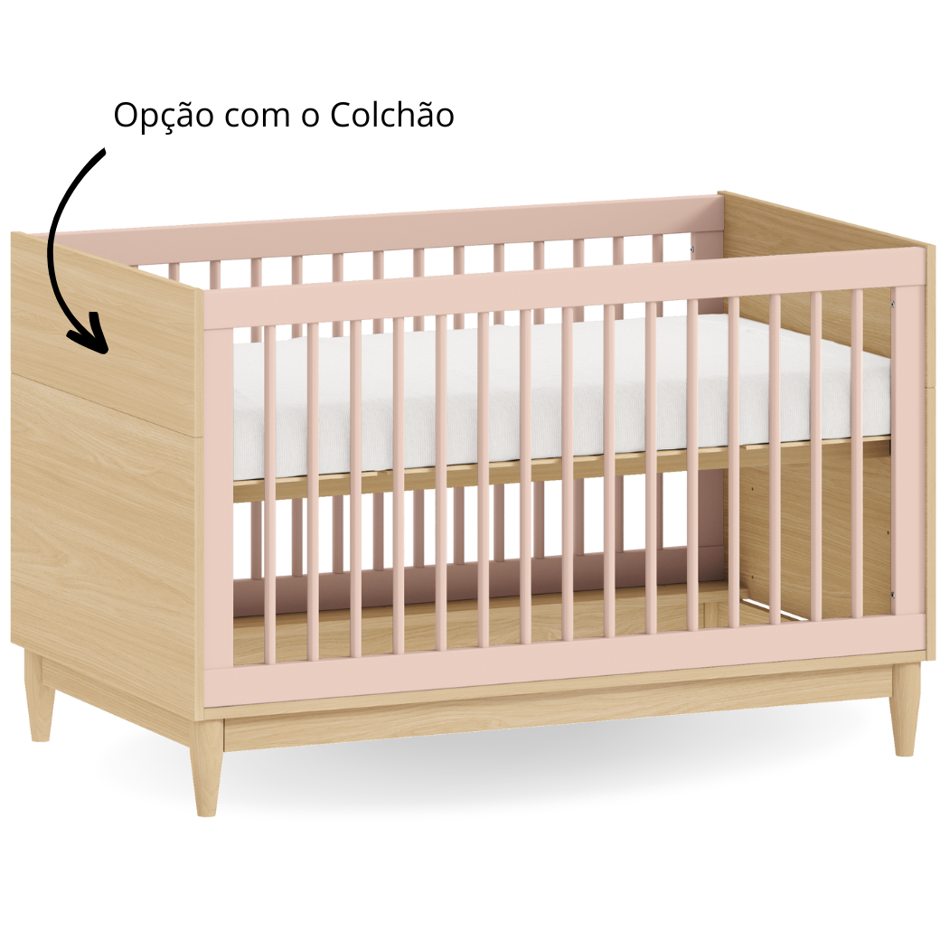 Berço Rosa 2 em 1 Linha Tomi Rosa com Carvalho Malva