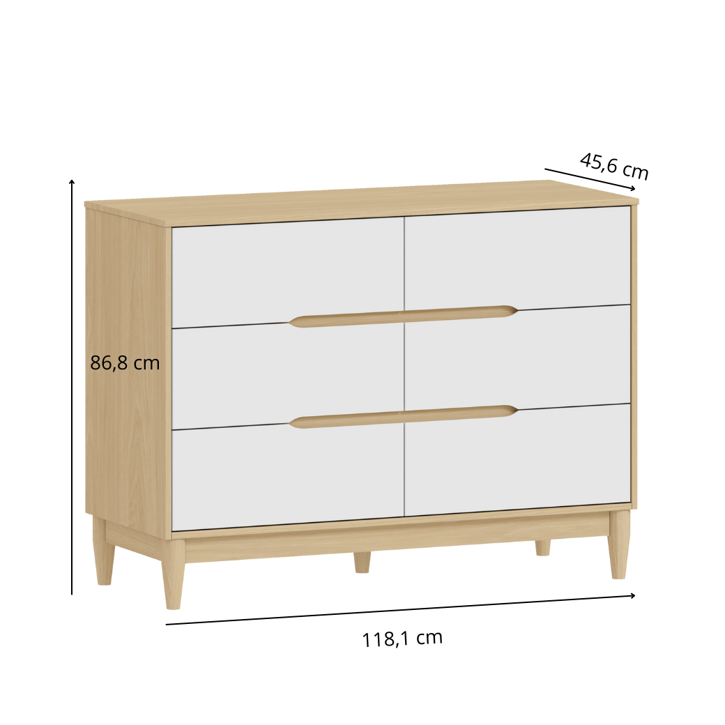 Conjunto Guarda Roupa com Cômoda e Painel com Prateleiras Linha Tomi Branco com Carvalho Malva