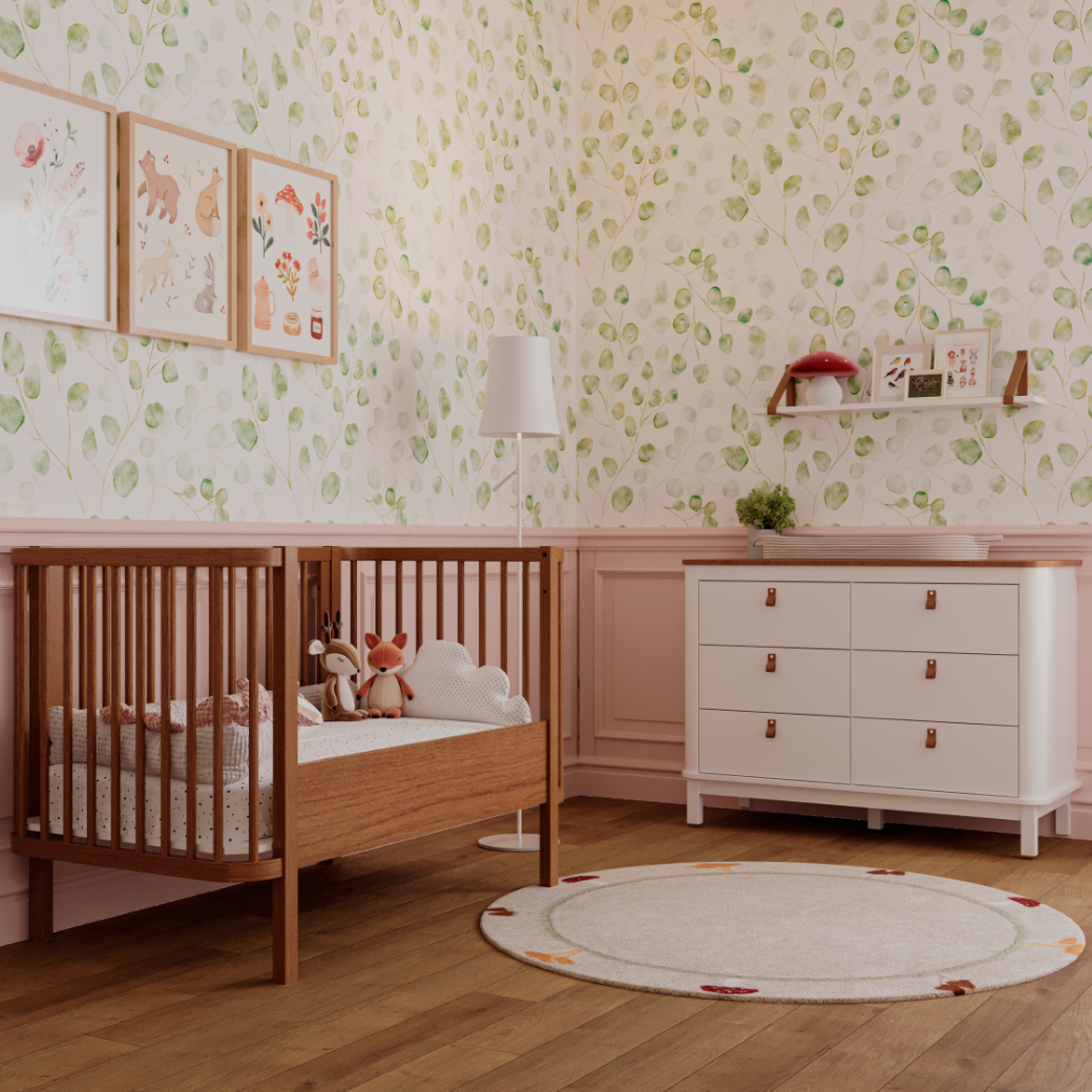 Conjunto Móveis Quarto Bebê – Berço 2 em 1 e Cômoda 6 Gavetas com Tampo de Madeira cor Nogueira