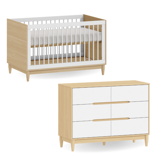 Berço e Cômoda 6 gavetas Linha Tomi Branco com Carvalho Malva