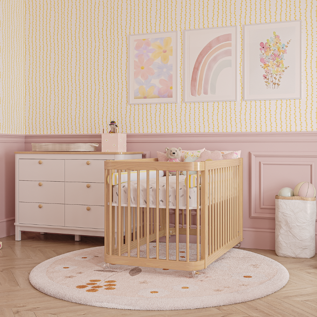 Berço Evolutivo e Cômoda Grande 6 Gavetas Branco com Carvalho Malva