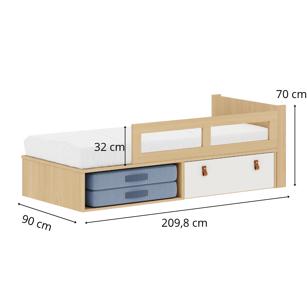 Cama Infantil com Gaveta e Grade de Proteção em Madeira Carvalho Malva – Linha Montessori Modelo Join
