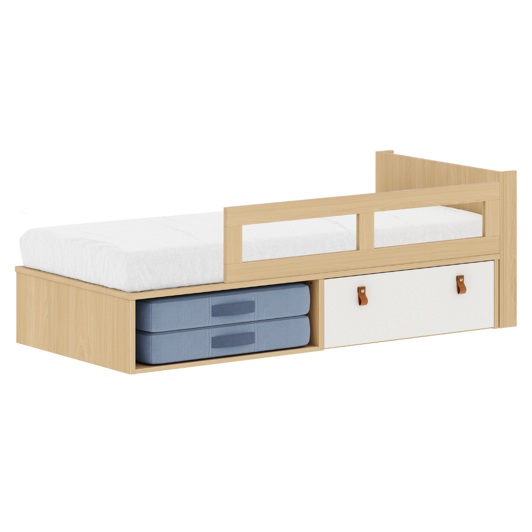 Cama Infantil com Gaveta e Grade de Proteção em Madeira Carvalho Malva – Linha Montessori Modelo Join
