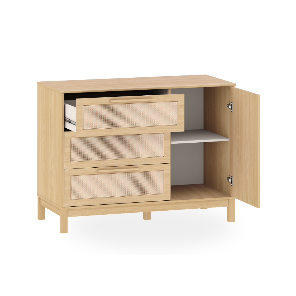 Cômoda Indy Infantil com Palhinha – Estilo Retrô e Espaço Inteligente para Bebê.