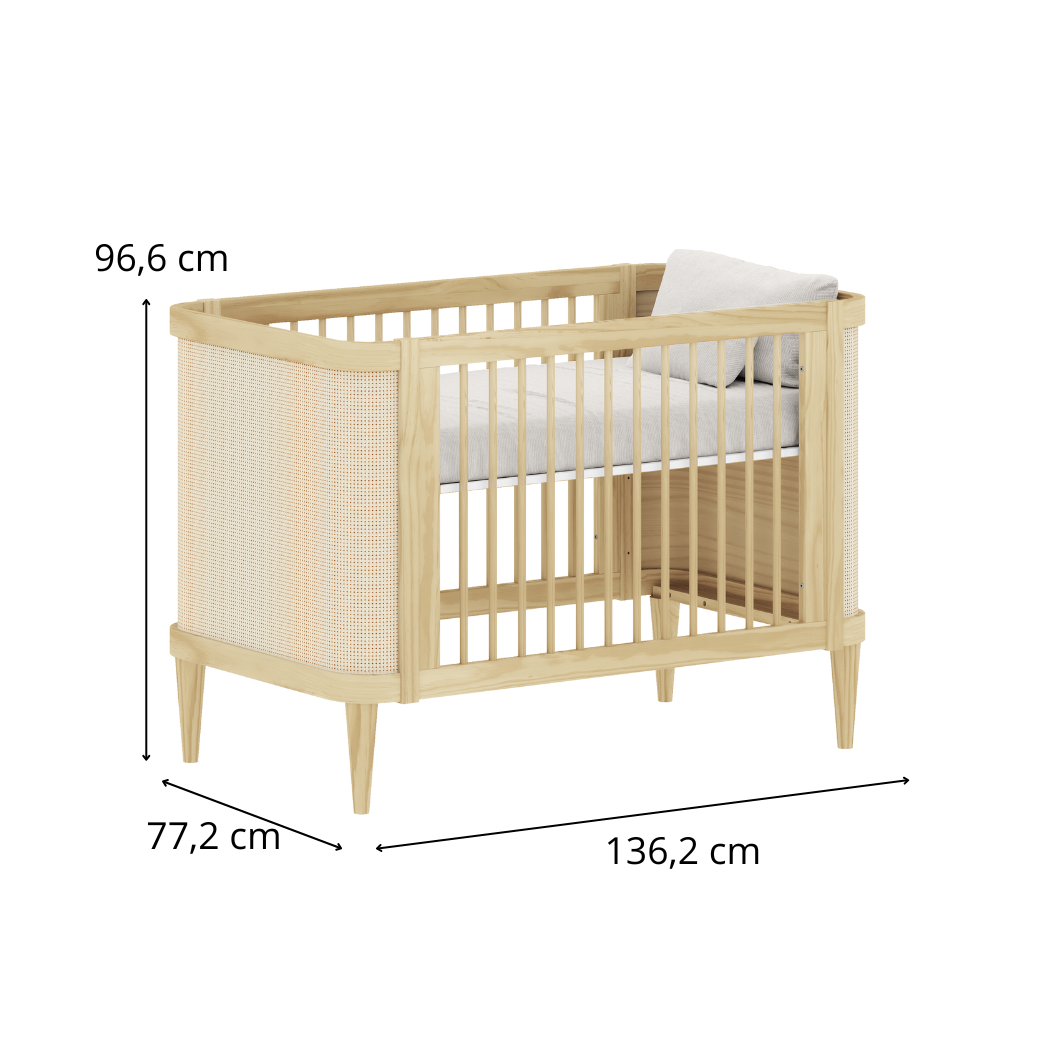 Conjunto Linha Paglia – Berço 2 em 1 em Madeira Pinus, Cômoda MDF com Palhinha e Guarda-Roupa 3 Portas