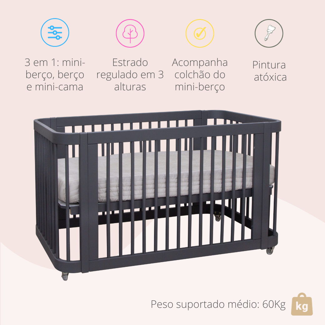 Diferenciais do berço Evolutivo: 3 em 1; Estrado regulado em 3 alturas; Acompanha colchão do mini-berço; pintura atóxica. Suporta em média 60Kg