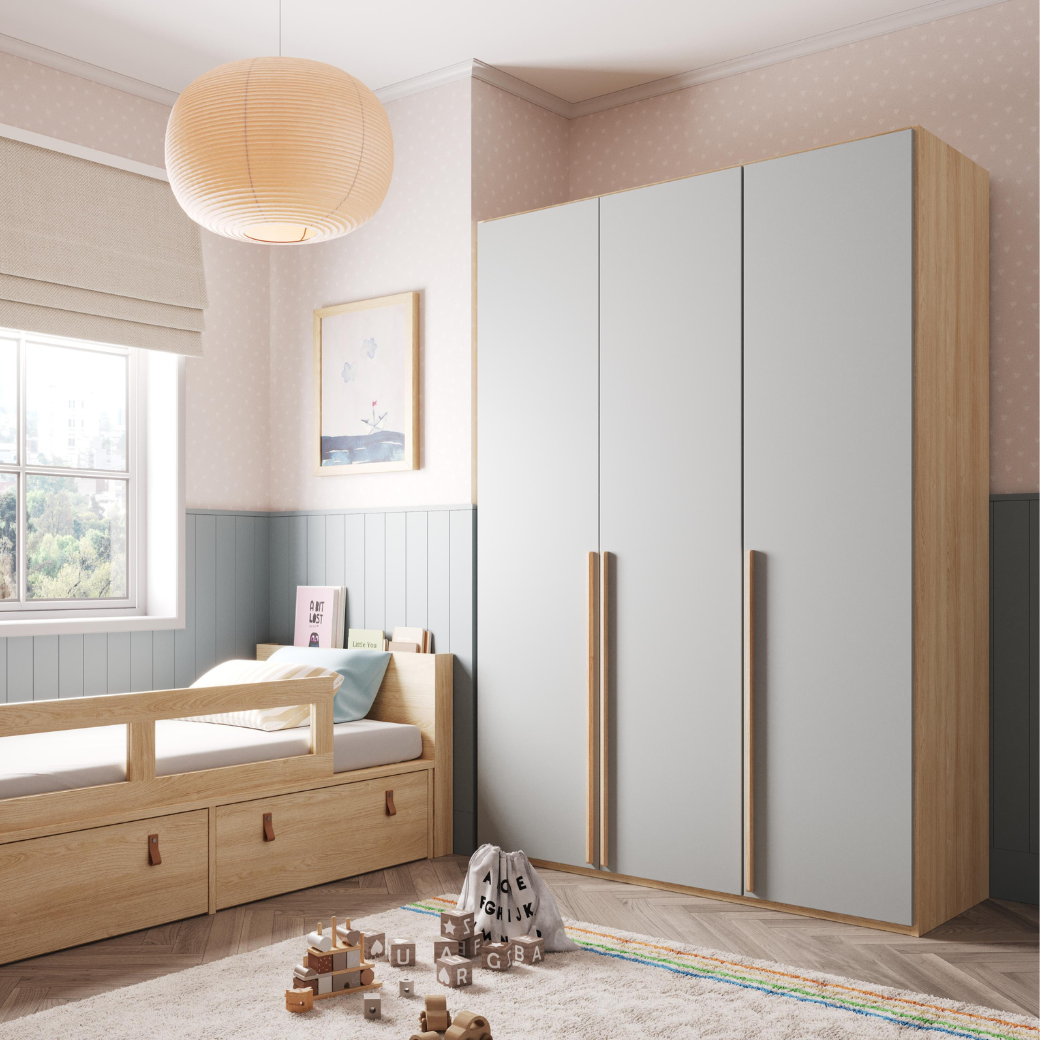 Guarda Roupa Infantil 3 Portas Cinza Beton com Carvalho Malva Linha Join
