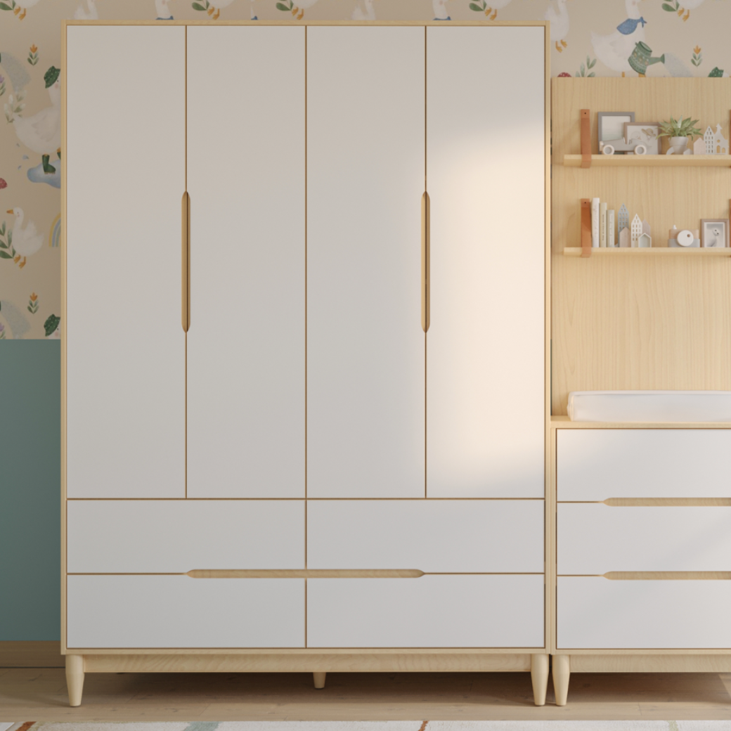 Guarda Roupa Infantil 4 Portas e 4 Gavetas Linha Tomi Branco com Carvalho Malva