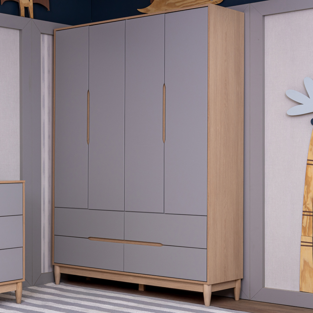 Guarda Roupa Infantil Tomi 4 Portas em MDF Cinza Fosco com Carvalho Malva – Design Minimalista
