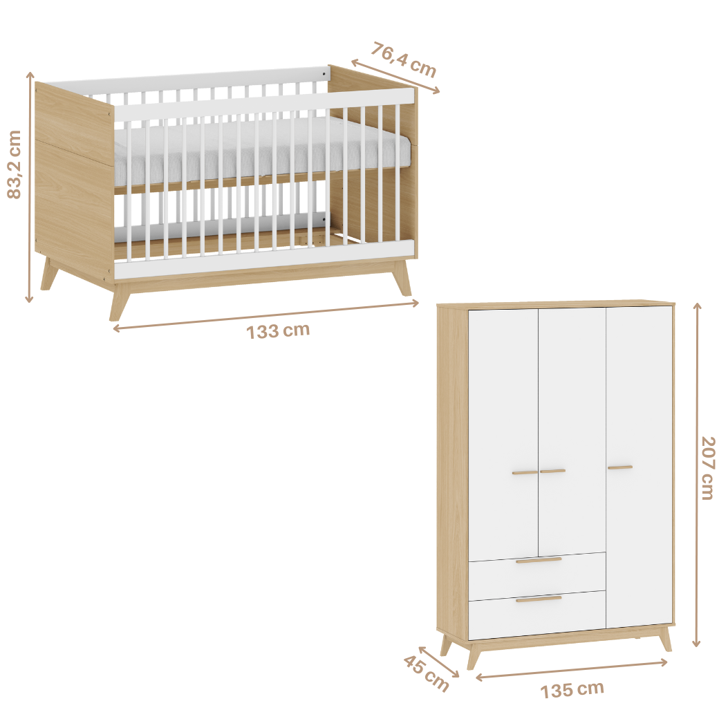 Berço e Guarda Roupa Infantil para Quarto de Bebê Linha Petit Branco com Carvalho