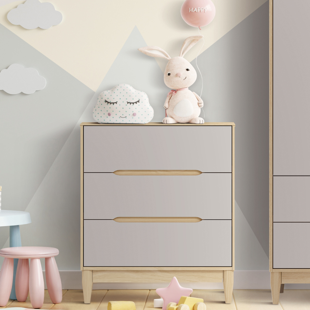 Cômoda Infantil 3 Gavetas Tomi Cinza com Carvalho Malva em MDF 15 mm