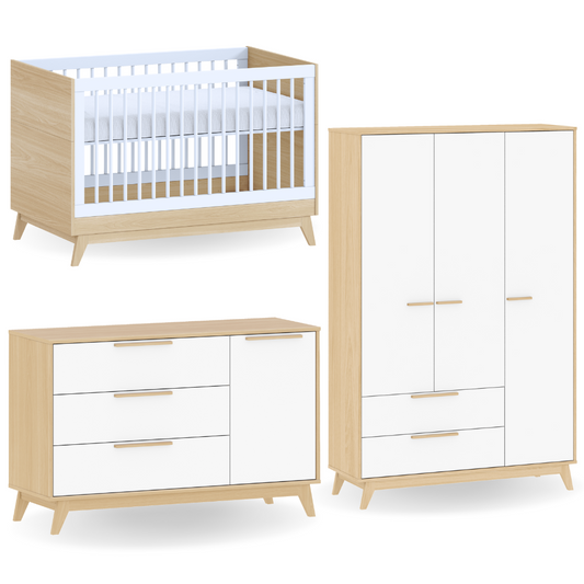 Berço Americano + Cômoda com porta + Guarda-Roupa Infantil Petit Branco com Carvalho