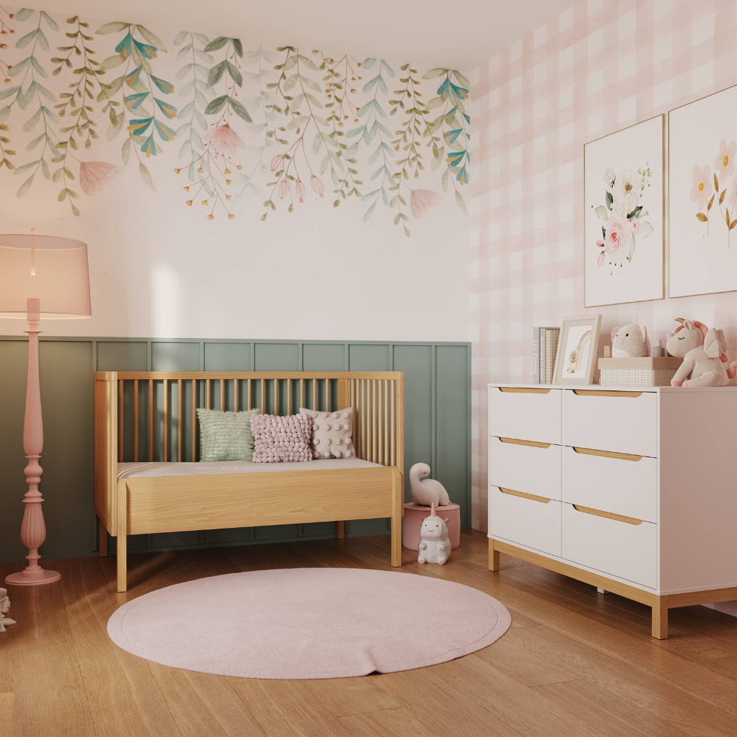 Berço vira Cama em Madeira Bold e Cômoda 6 Gavetas Linha Cozy