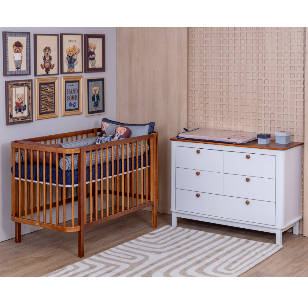 Conjunto Móveis Quarto Bebê – Berço 2 em 1 e Cômoda 6 Gavetas com Tampo de Madeira cor Nogueira