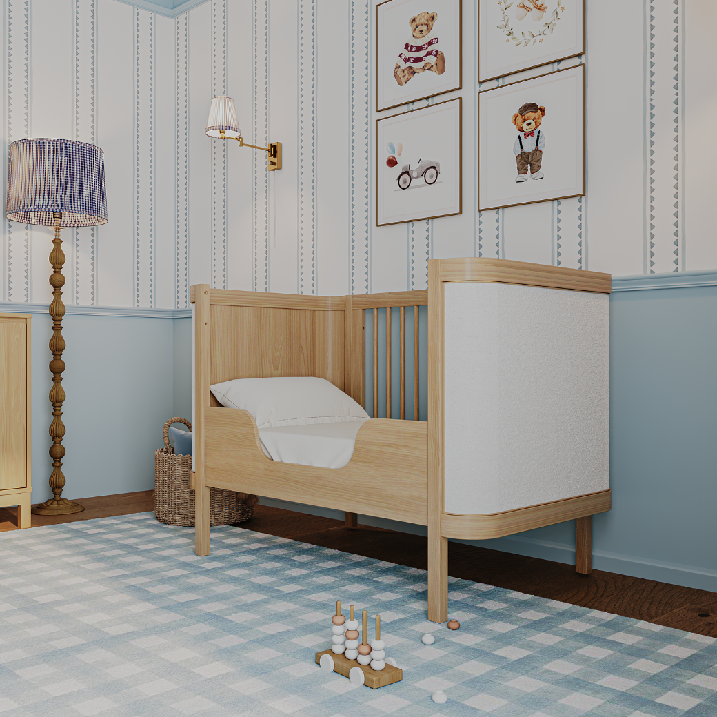 Berço Estofado com Tecido Bouclé 2 em 1 Madeira Carvalho Malva Linha Soley