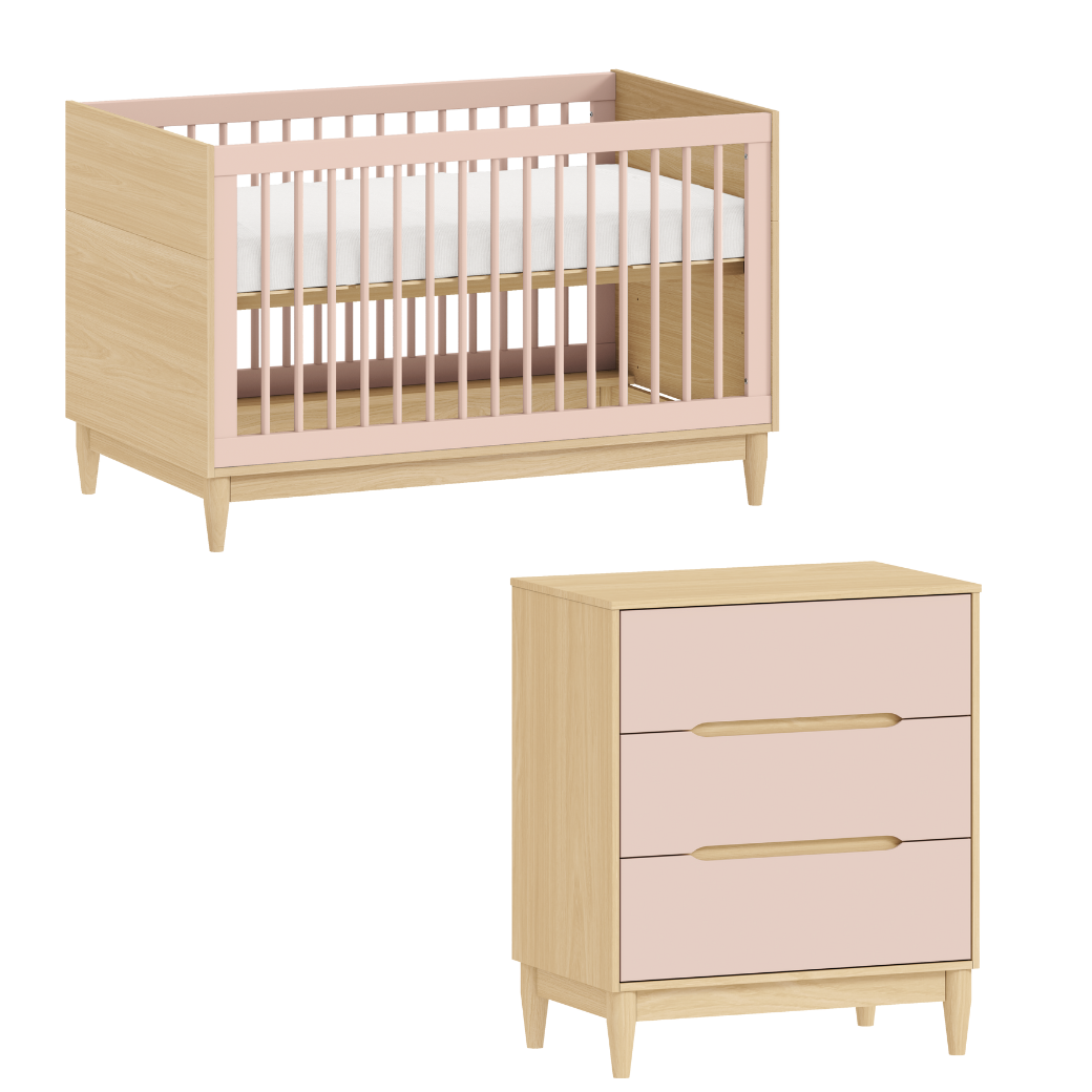 Conjunto Quarto de Bebê Tomi – Berço Americano e Cômoda 3 Gavetas em MDF Rosa com Carvalho Malva
