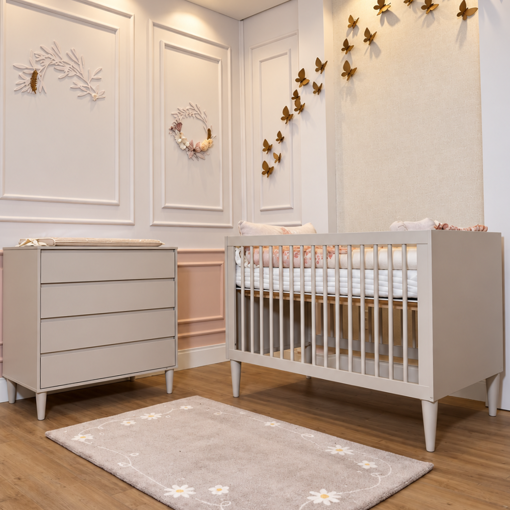 Quarto de Bebê Completo Areia Berço Evolutivo 2 em 1 e Cômoda 4 Gavetas