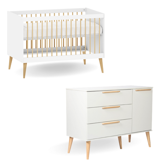 Berço de Bebê e Cômoda com porta puxador reto Retrô Branco com Carvalho