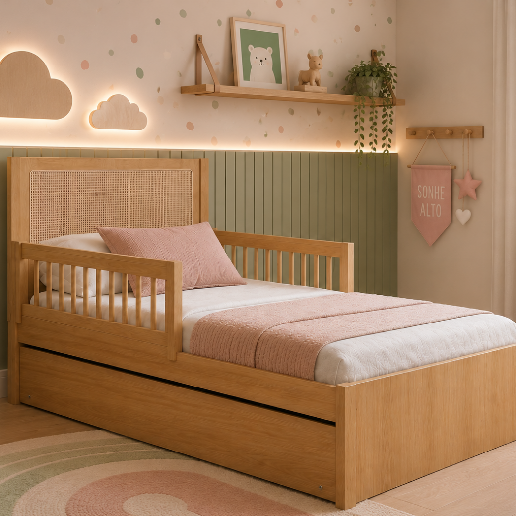 Bicama Solteiro Infantil com Proteção Lateral e Palha Natural | MDF