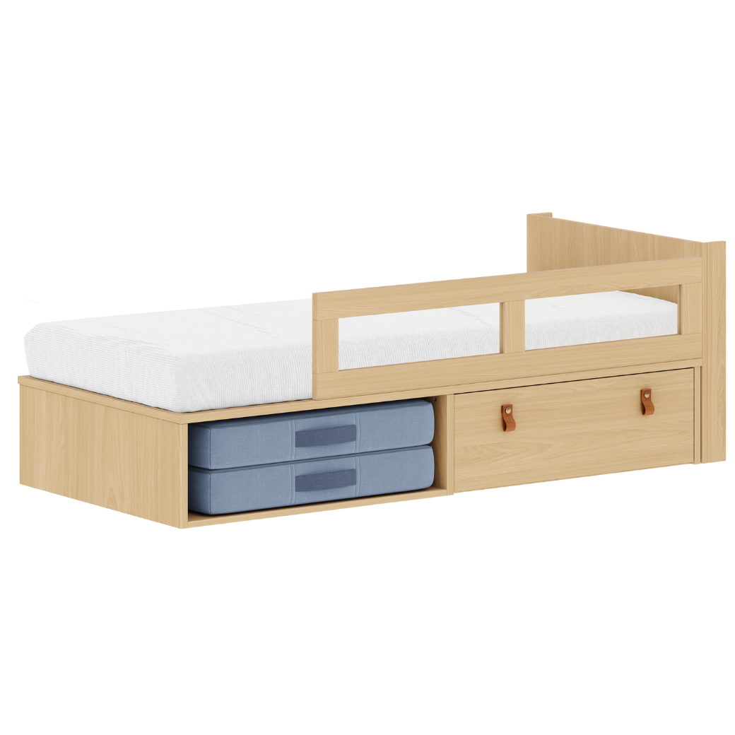 Cama Infantil com Gaveta e Grade de Proteção em Madeira Carvalho Malva – Linha Montessori Modelo Join