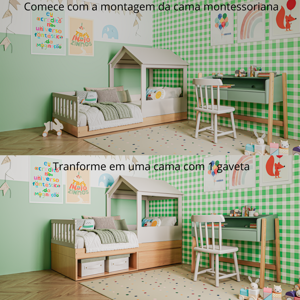 Cama com Proteção Lateral e Casinha 2 em 1 Linha Play