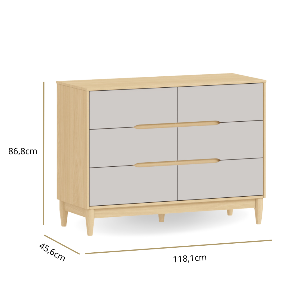Cômoda 6 Gavetas Cinza Fosco com Carvalho Malva – Design Minimalista