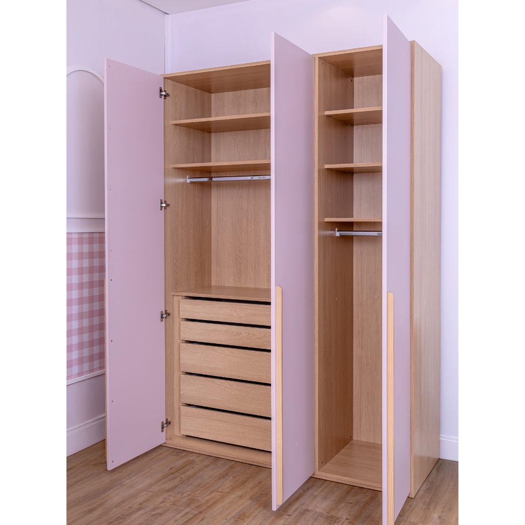 Guarda Roupa 3 Portas Rosa com Carvalho Malva Linha Join