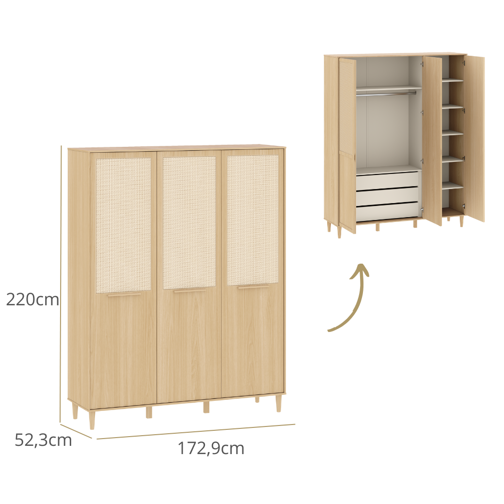Guarda Roupa Paglia 3 Portas com Detalhe em Palhinha Natural