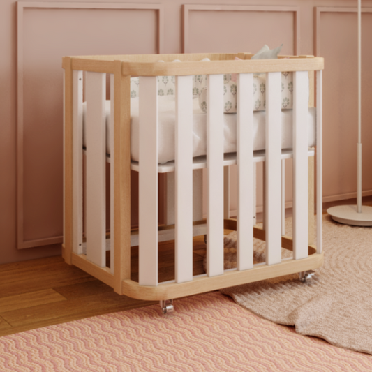 Mini Berço com Colchão e Rodízios Loop Branco com Madeira