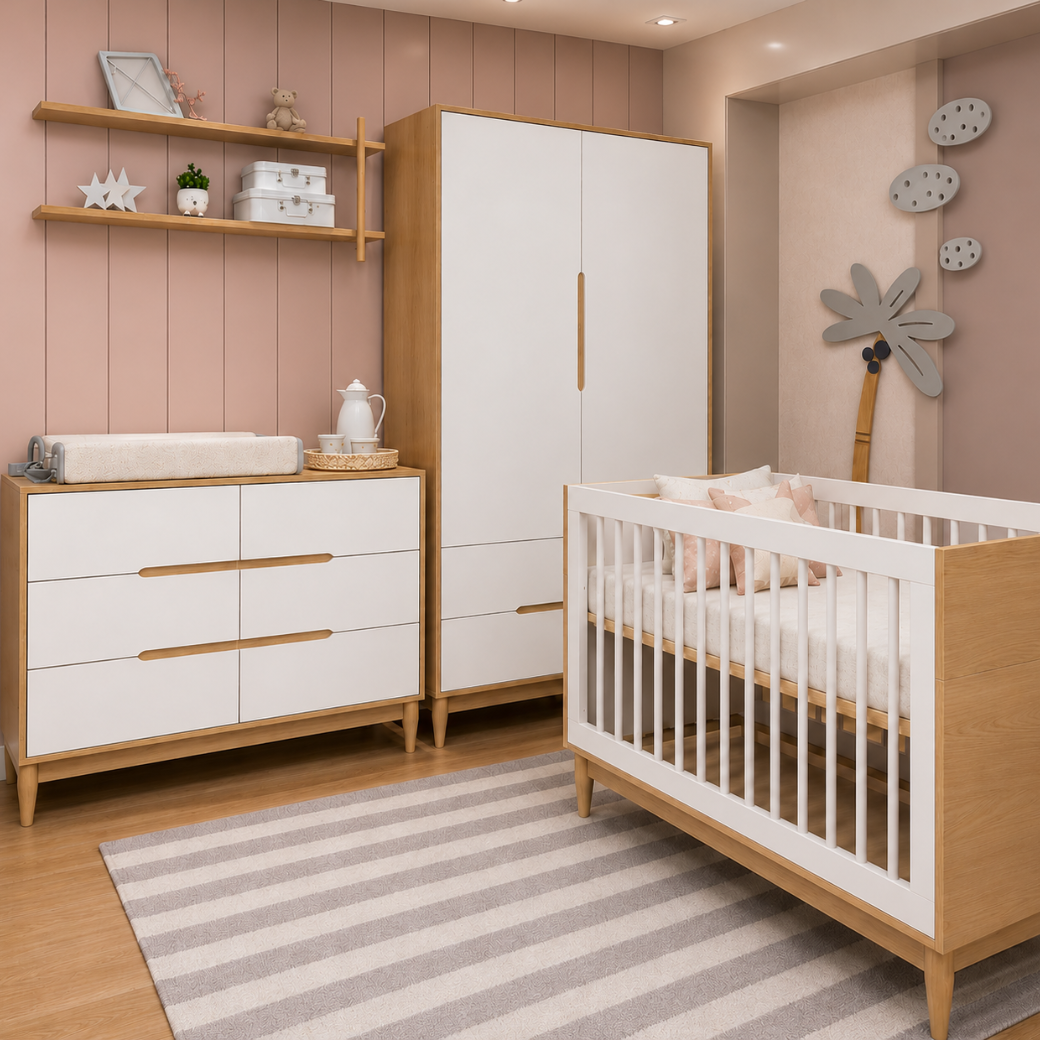Quarto Completo Berço Cômoda e Guarda Roupa | Cinza Rosa ou Branco com Carvalho Malva
