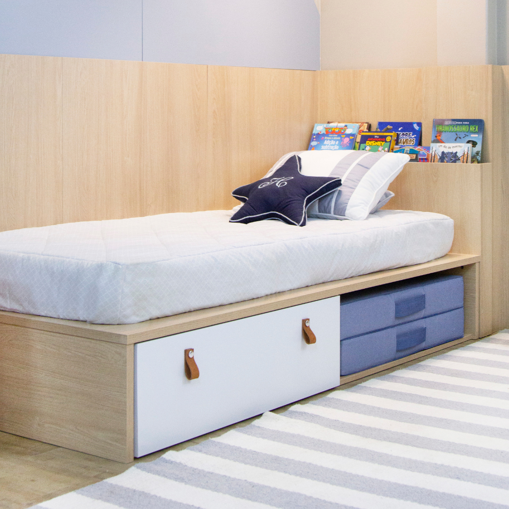 Cama Infantil com gaveta espaço para futton e Cabeceira porta Livros Linha Join