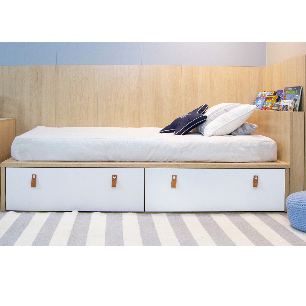 Cama Infantil com Gavetões e Cabeceira Porta Livros Linha Join