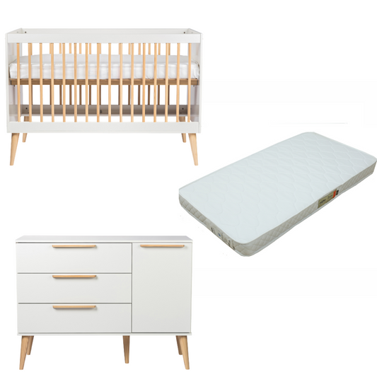 Berço 2 em 1 com Colchão + Cômoda com porta puxador reto Retrô Branco com Carvalho