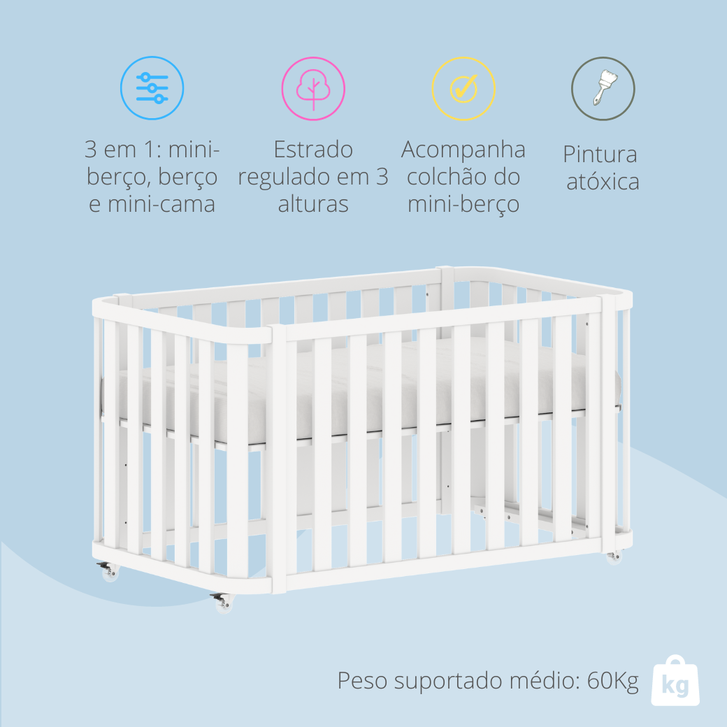 Diferencias do berço Loop Branco: 3 em 1; Estrado regulado em 3 alturas; acompanha o colchão do mini berço ; pintura atóxica. O peso médio suportado é de 60Kg