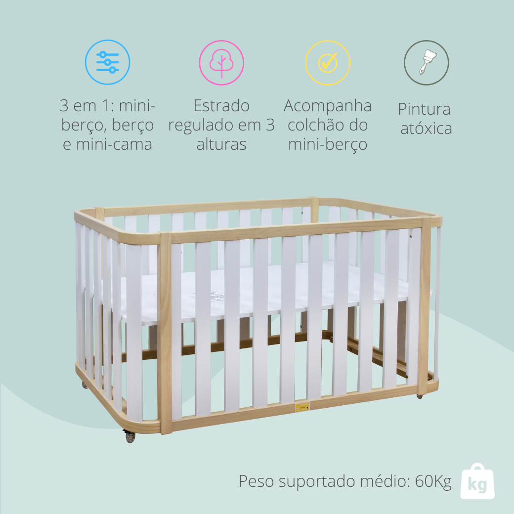 Berço 3 em 1 Evolutivo Linha Loop Branco com Madeira