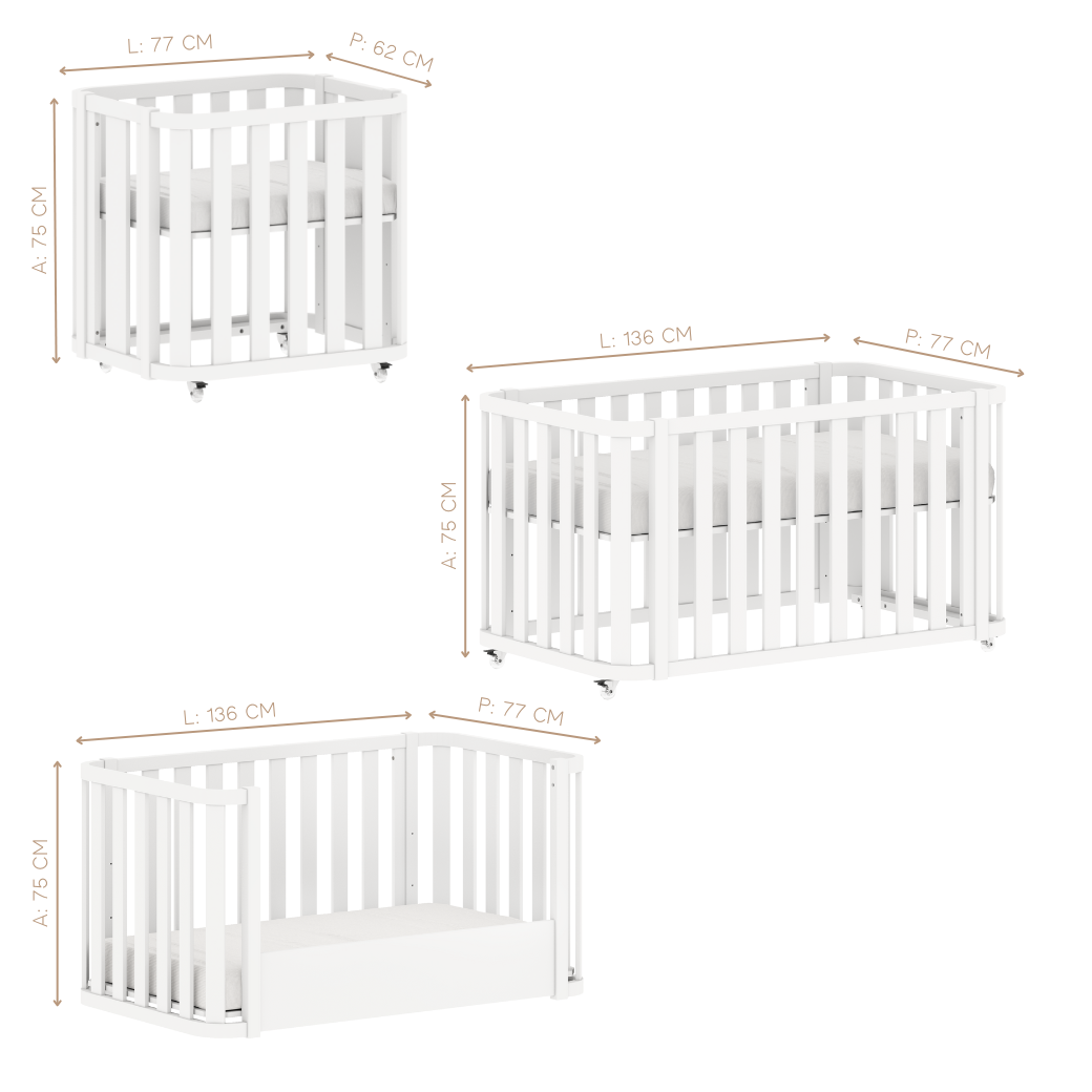 Medidas do Berço 3 em 1 Loop. Mini berço:  A 75CM X L 77CM X P 62CM. Berço: A 75CM X L 136CM X P 77CM.  Mini cama:  A 75CM X L 136CM X P 77CM.