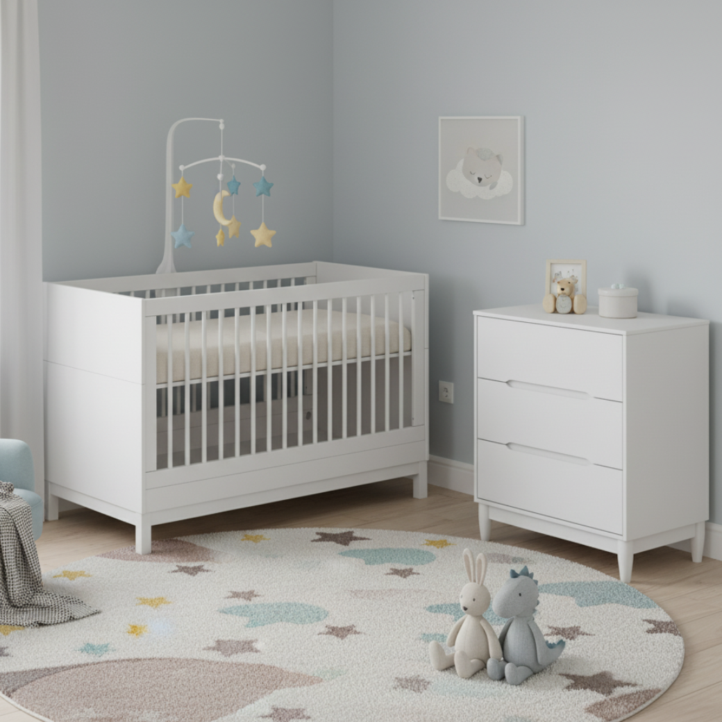 Berço e Cômoda Infantil Branca
