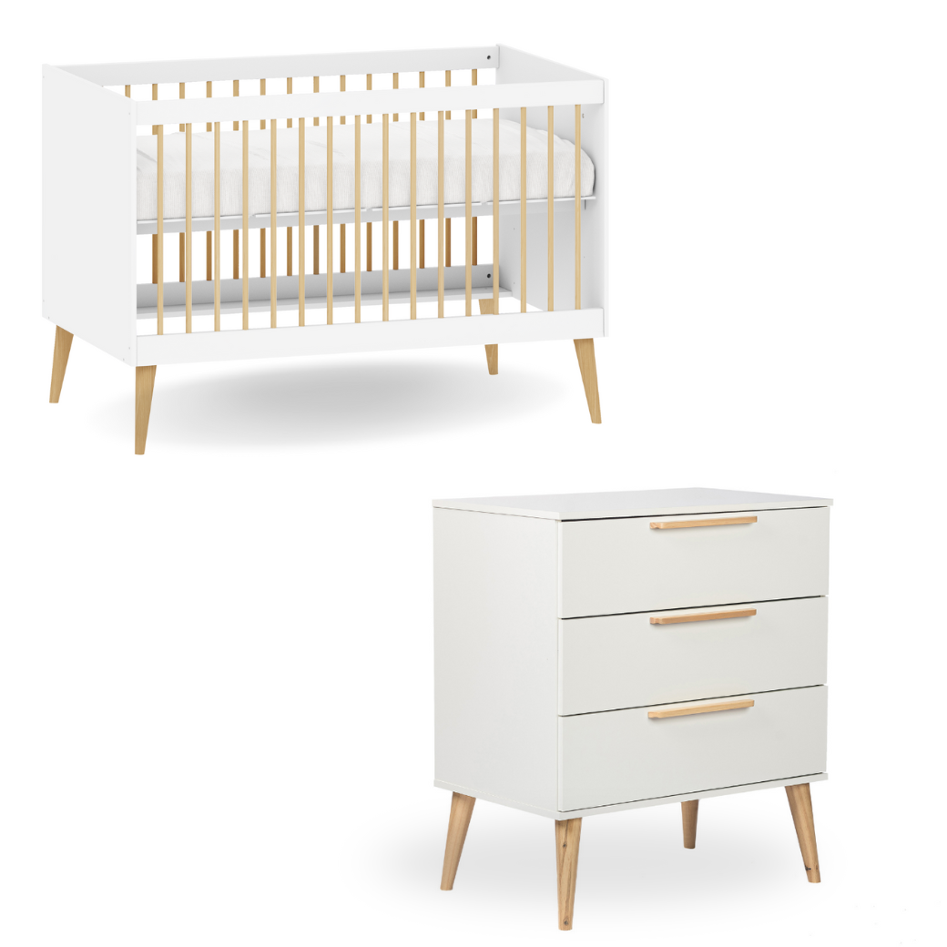 Berço Americano 2 em 1 e Cômoda 3 gavetas puxador reto Linha Retrô Branco com Carvalho