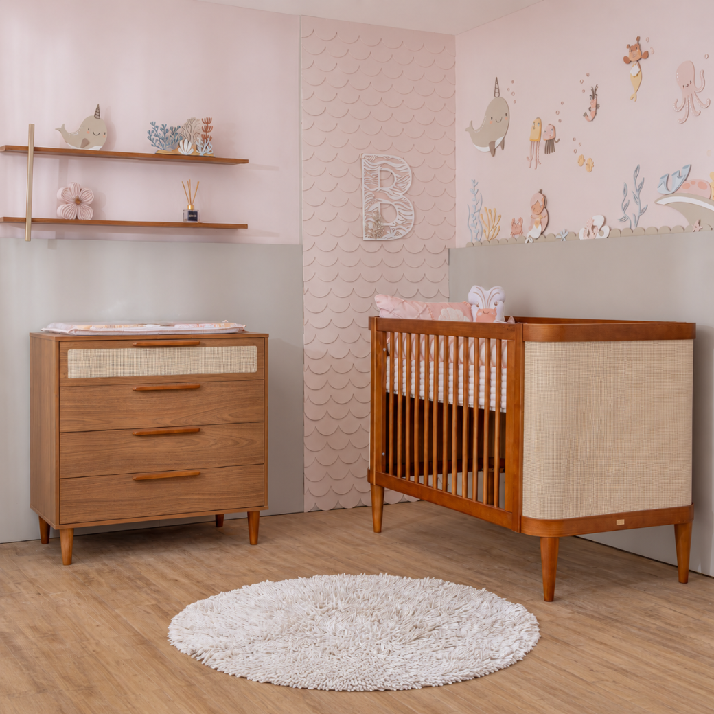 Berço Madeira Maciça e Cômoda MDF 15mm | Nogueira e Freijó