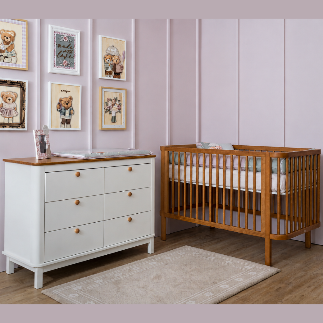Conjunto Móveis Quarto Bebê – Berço 2 em 1 e Cômoda 6 Gavetas com Tampo de Madeira cor Nogueira