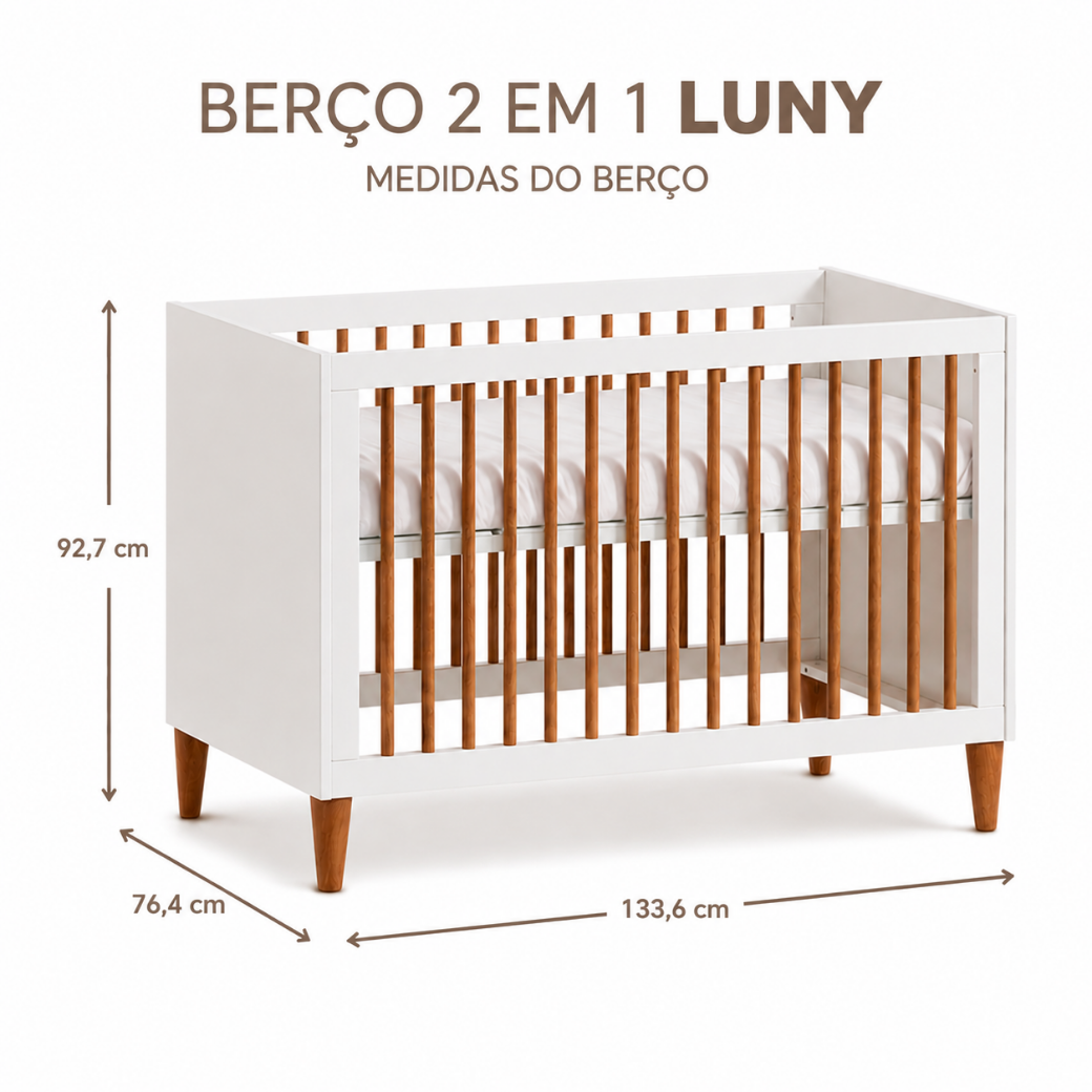 Berço Evolutivo 2 em 1 Luny | Branco com Nogueira