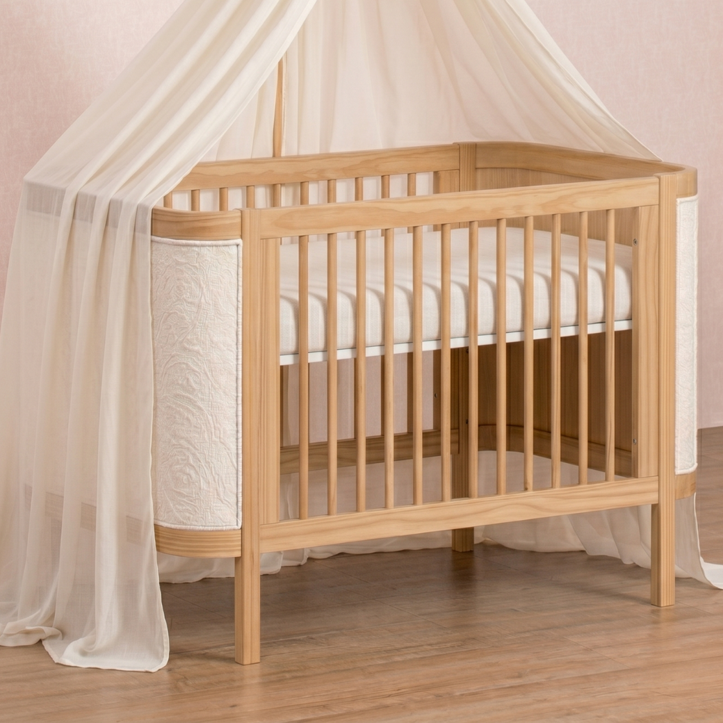 BERÇO ALTO PADRÃO LINHA SOLEY EM MADEIRA MACIÇA E TECIDO BOUCLÉ