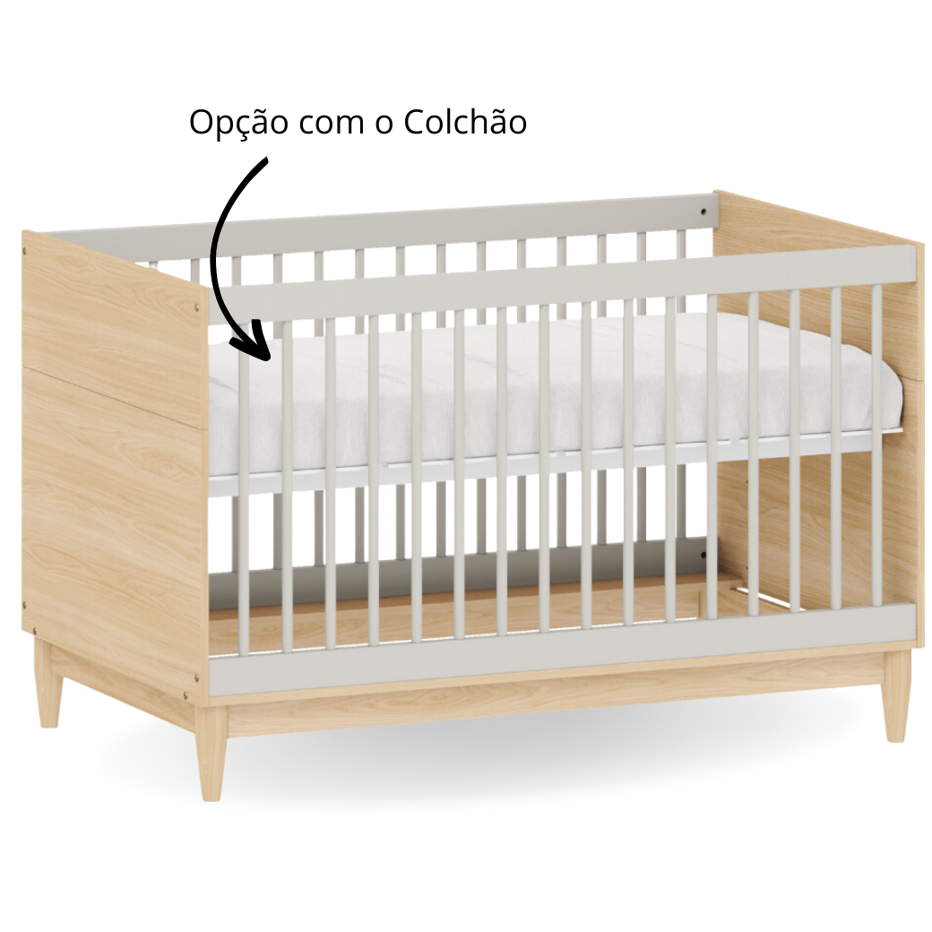 Berço de Bebê Cinza com Carvalho Malva 2 em 1 Linha Tomi